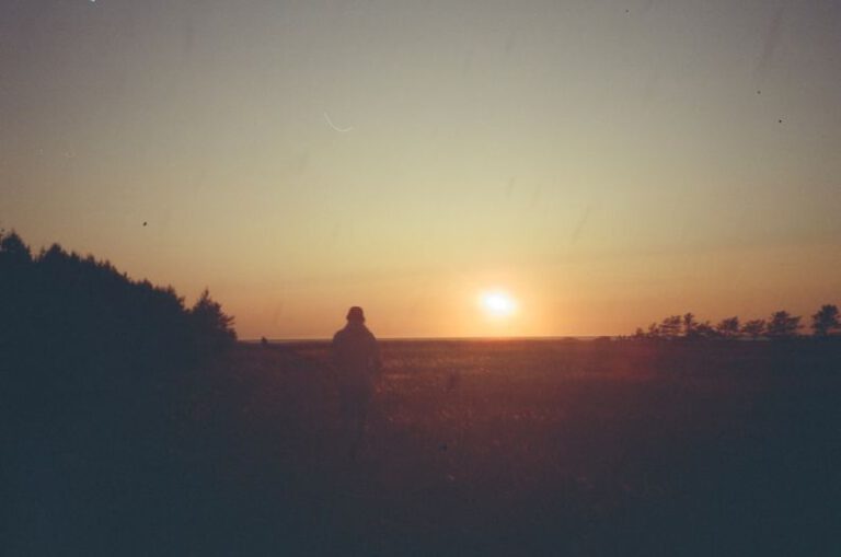 Latvia Landscape - a person standing in a field at sunset